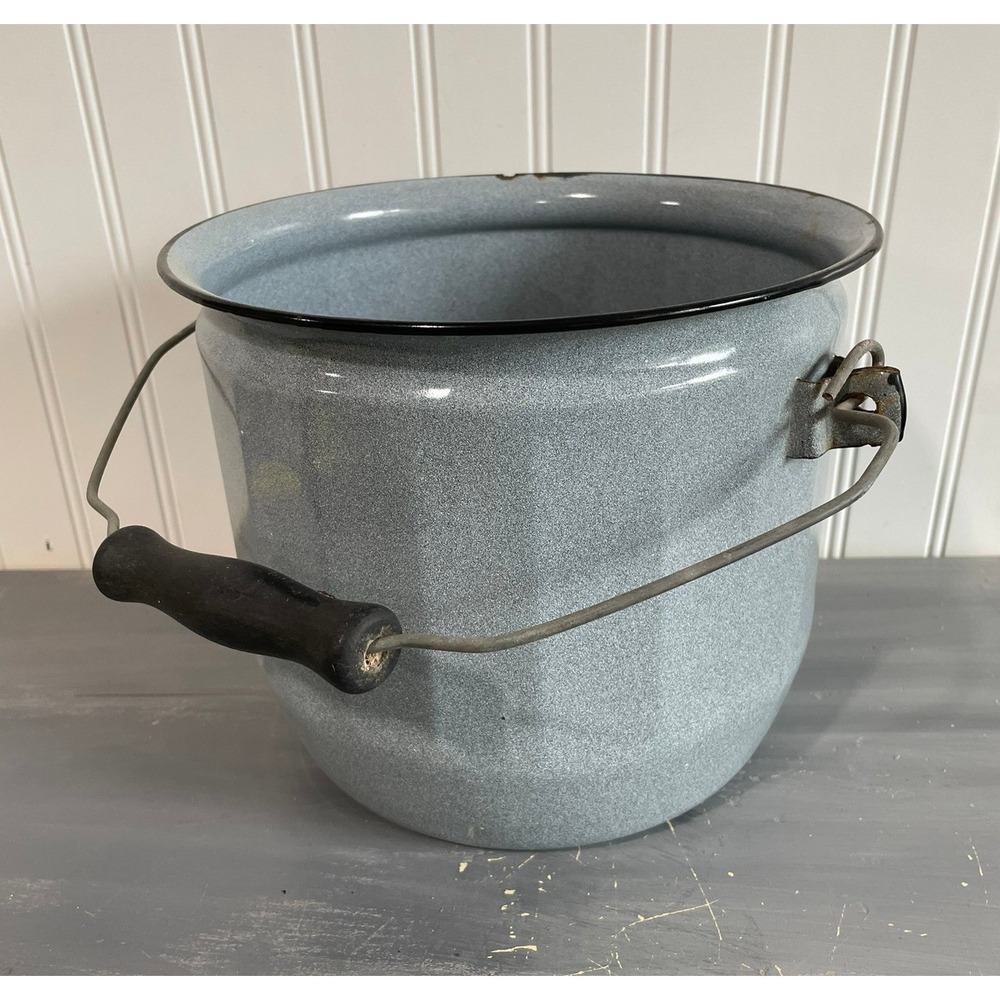 Vtg Grey Granite Enamelware Bucket Wire Bail Wood Handle Farmhouse Pail 9.5x7.75